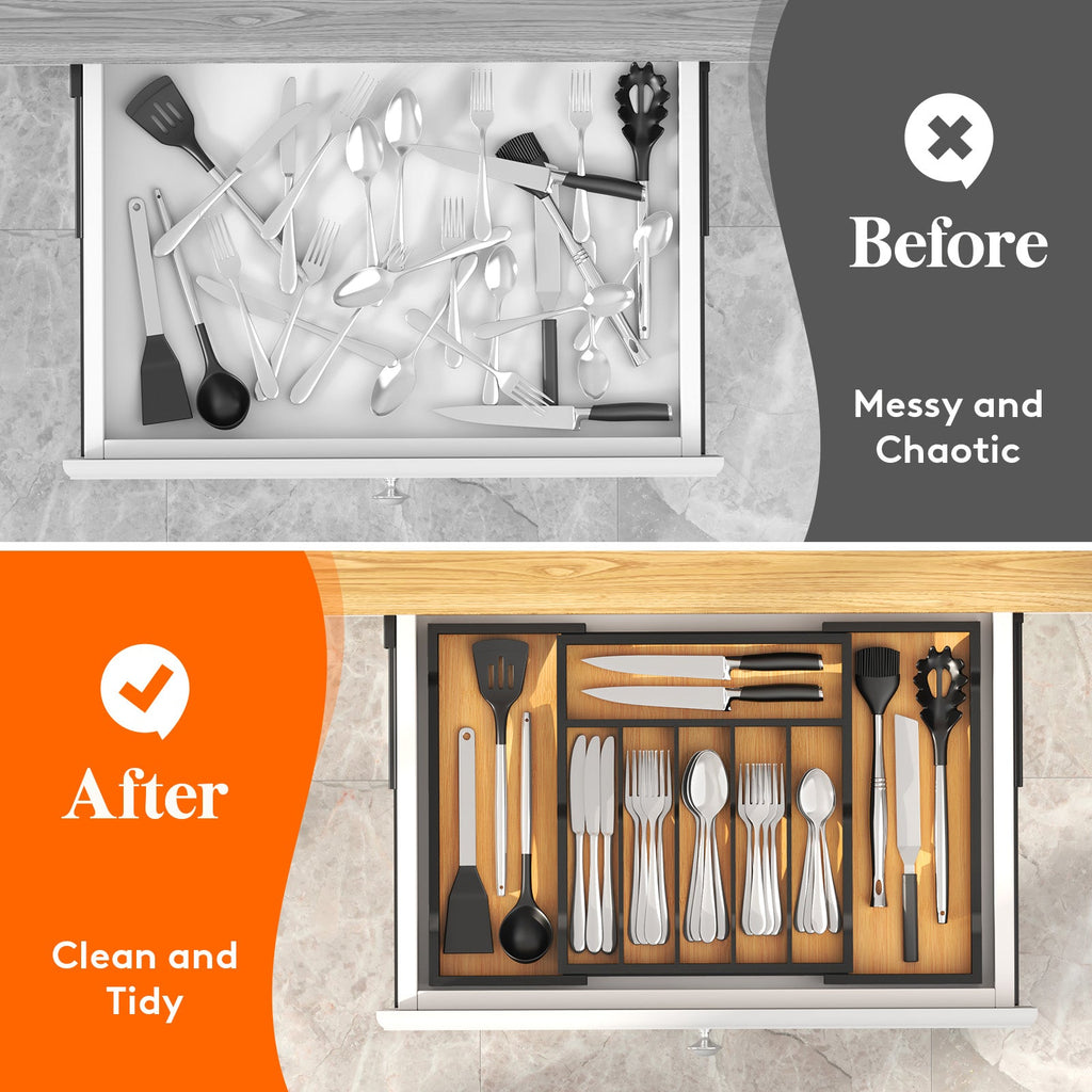 Lifewit Silverware Drawer Organizer, Bamboo Utensil Tray for Kitchen, Expandable Flatware and Cutlery Holder, Adjustable Storage for Spoons Forks Knives, Large, Natural and Black