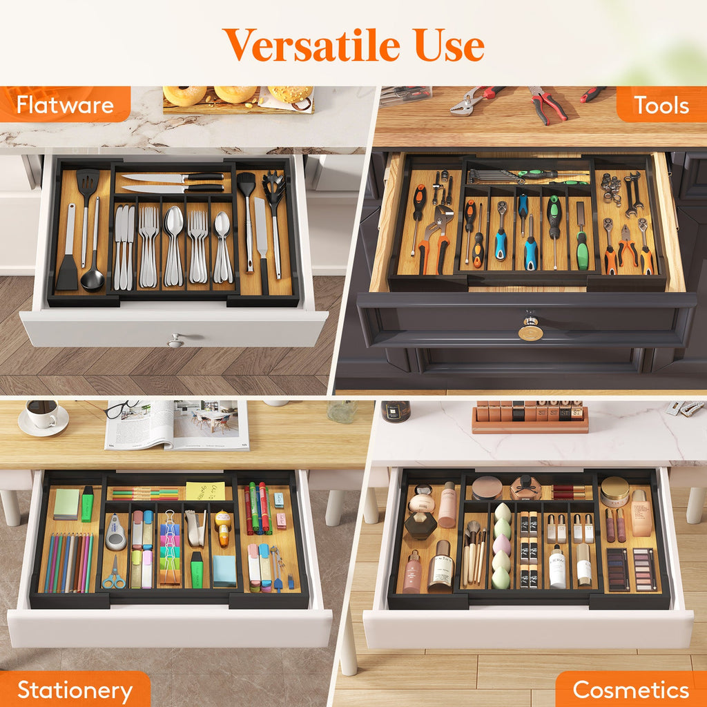 Lifewit Silverware Drawer Organizer, Bamboo Utensil Tray for Kitchen, Expandable Flatware and Cutlery Holder, Adjustable Storage for Spoons Forks Knives, Large, Natural and Black