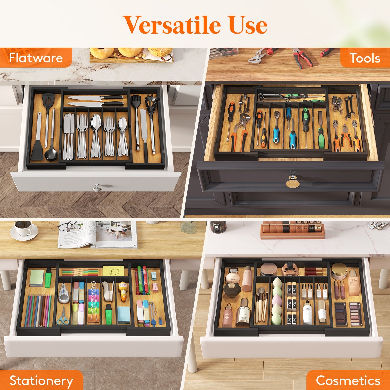 Lifewit Silverware Drawer Organizer, Bamboo Utensil Tray for Kitchen, Expandable Flatware and Cutlery Holder, Adjustable Storage for Spoons Forks Knives, Large, Natural and Black