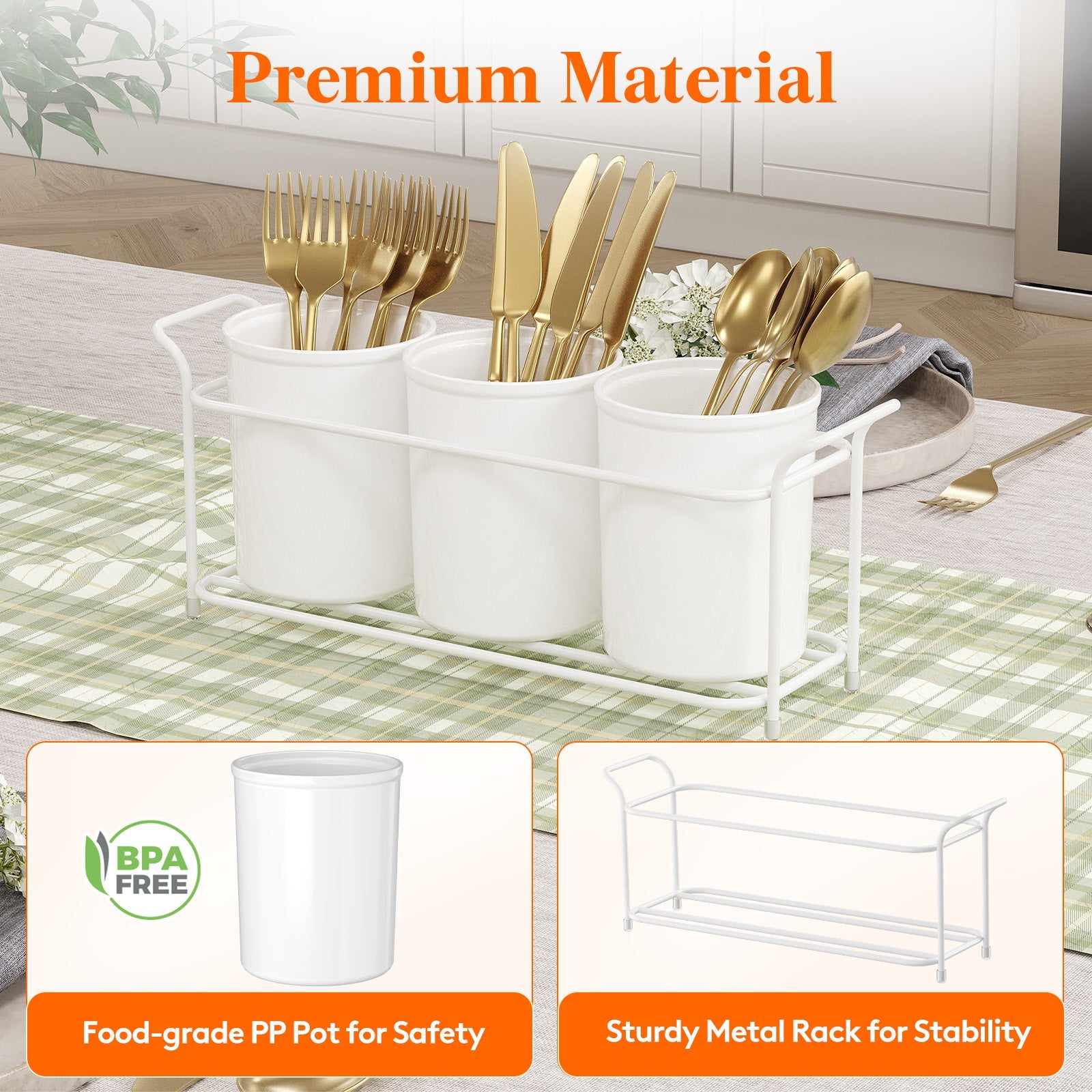 Lifewit Plastic Silverware Caddy with Metal Rack, Utensil Holder for Party, Cutlery Flatware Organizer for Kitchen Countertop, Forks Spoons Knives Storage for Picnic Camping Outdoor Buffet, White