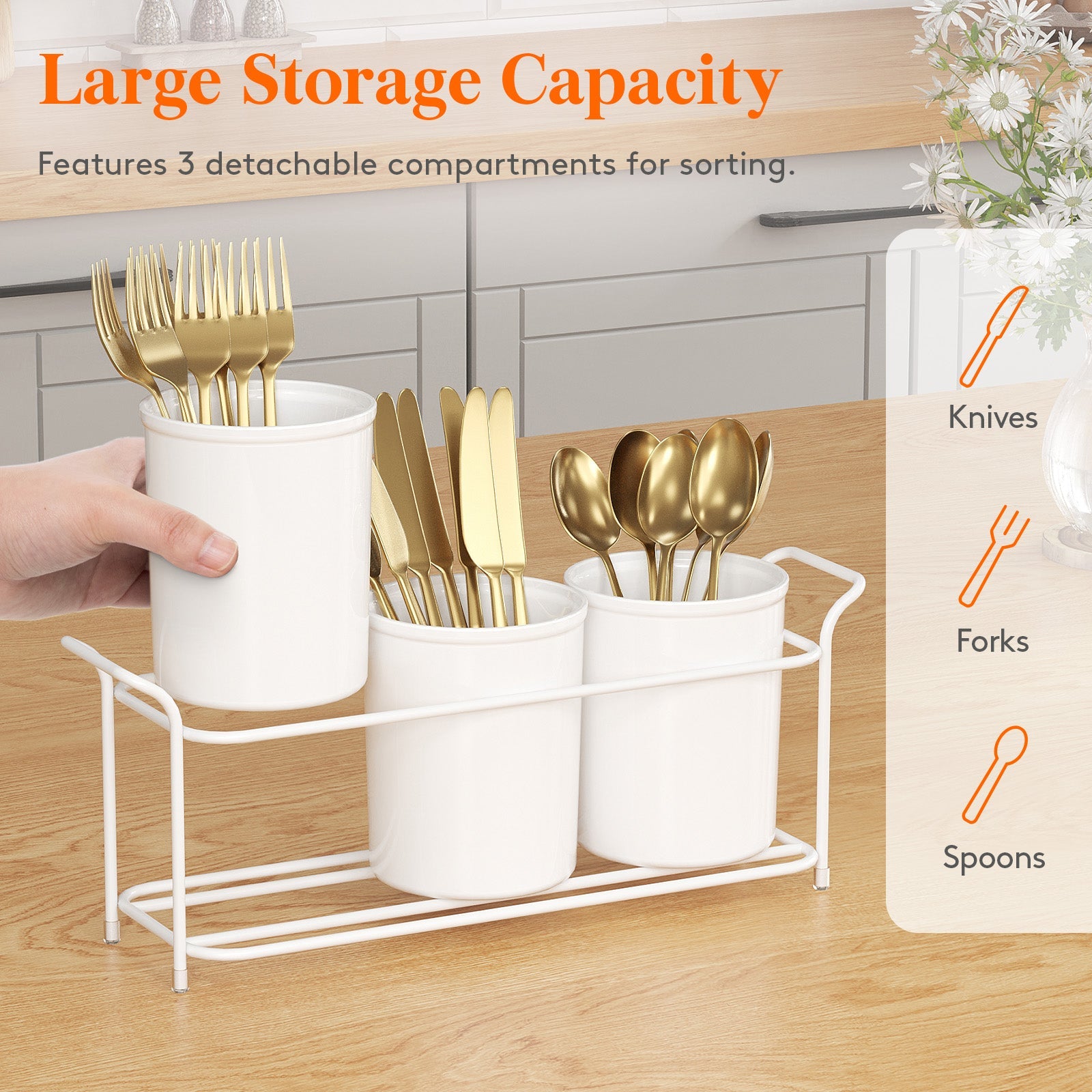 Lifewit Plastic Silverware Caddy with Metal Rack, Utensil Holder for Party, Cutlery Flatware Organizer for Kitchen Countertop, Forks Spoons Knives Storage for Picnic Camping Outdoor Buffet, White