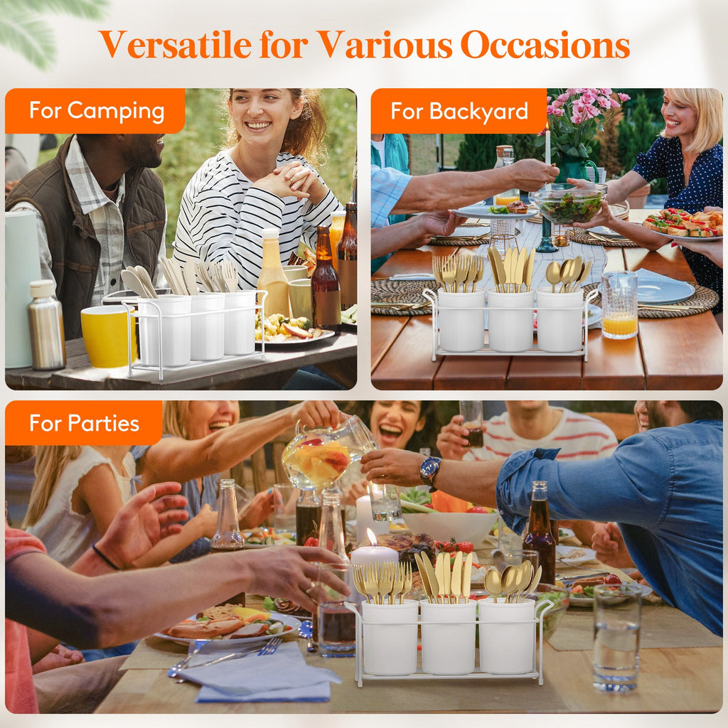 Lifewit Plastic Silverware Caddy with Metal Rack, Utensil Holder for Party, Cutlery Flatware Organizer for Kitchen Countertop, Forks Spoons Knives Storage for Picnic Camping Outdoor Buffet, White