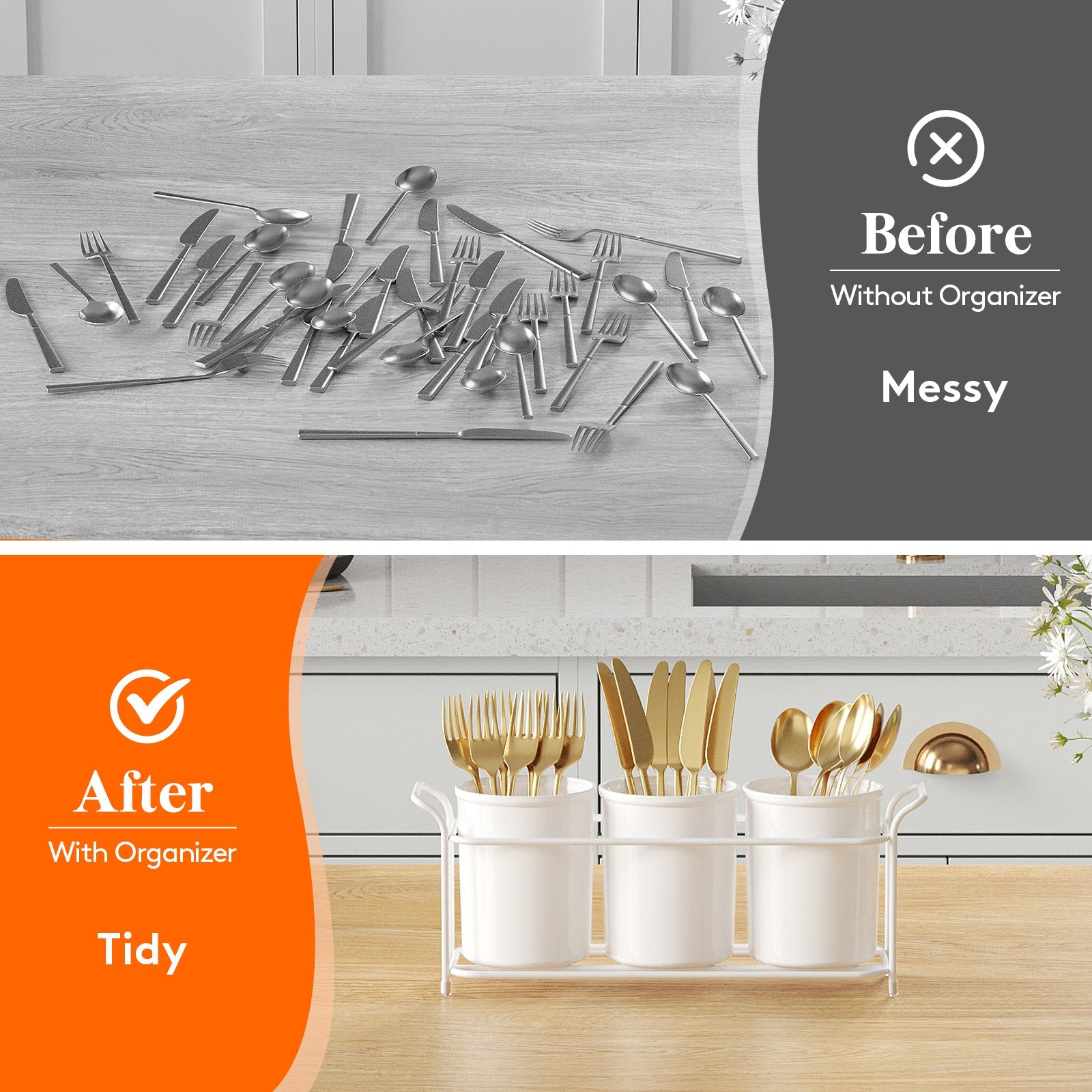 Lifewit Plastic Silverware Caddy with Metal Rack, Utensil Holder for Party, Cutlery Flatware Organizer for Kitchen Countertop, Forks Spoons Knives Storage for Picnic Camping Outdoor Buffet, White