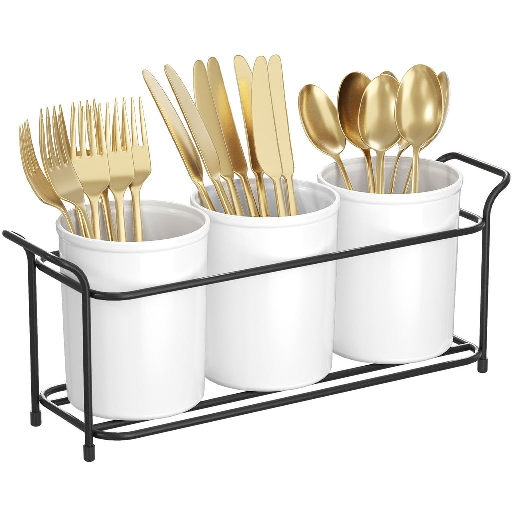 Lifewit Plastic Silverware Caddy with Metal Rack, Utensil Holder for Party, Cutlery Flatware Organizer for Kitchen Countertop, Forks Spoons Knives Storage for Picnic Camping Outdoor Buffet, White