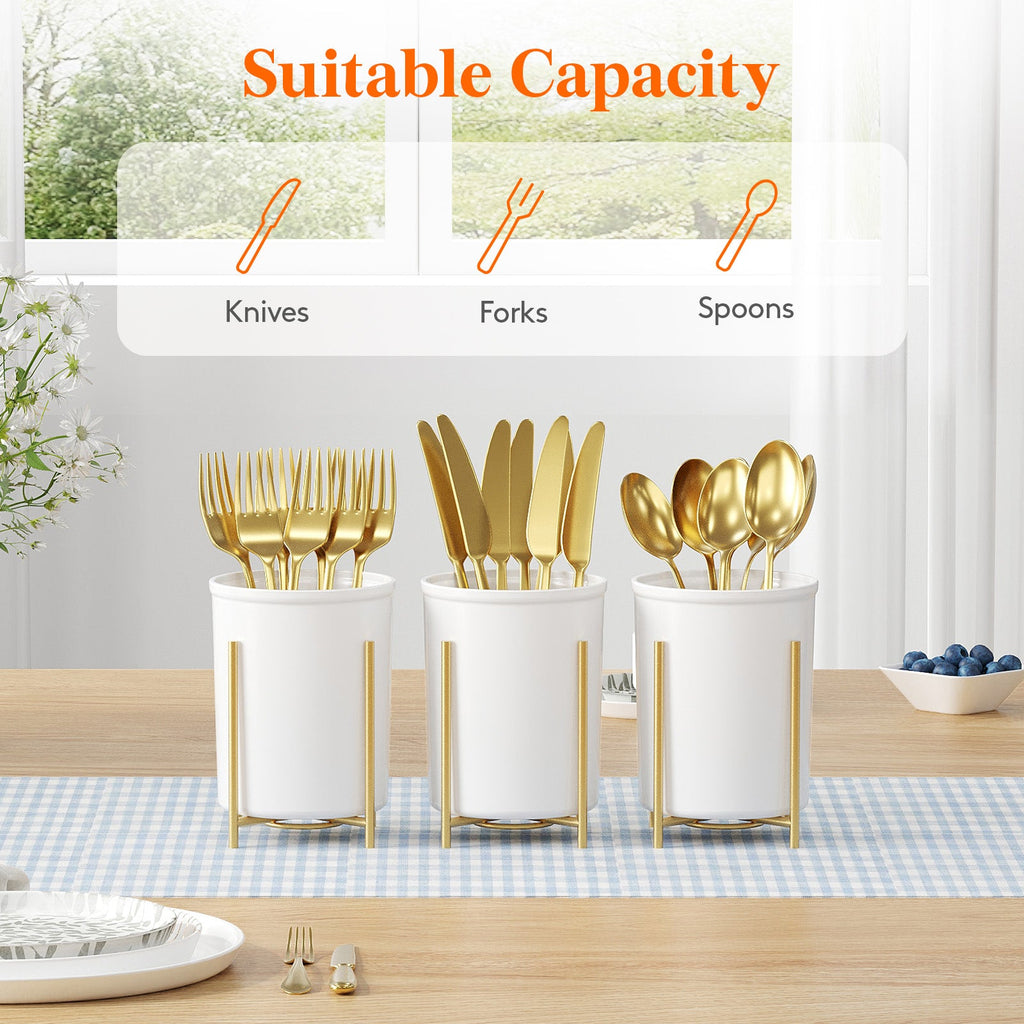 Lifewit 2-pack Plastic Silverware Holder for Kitchen Countertop, Cutlery Flatware Caddy with Metal Brackets, Utensil Spoon Fork knives Organizer for Party Picnic, Gold