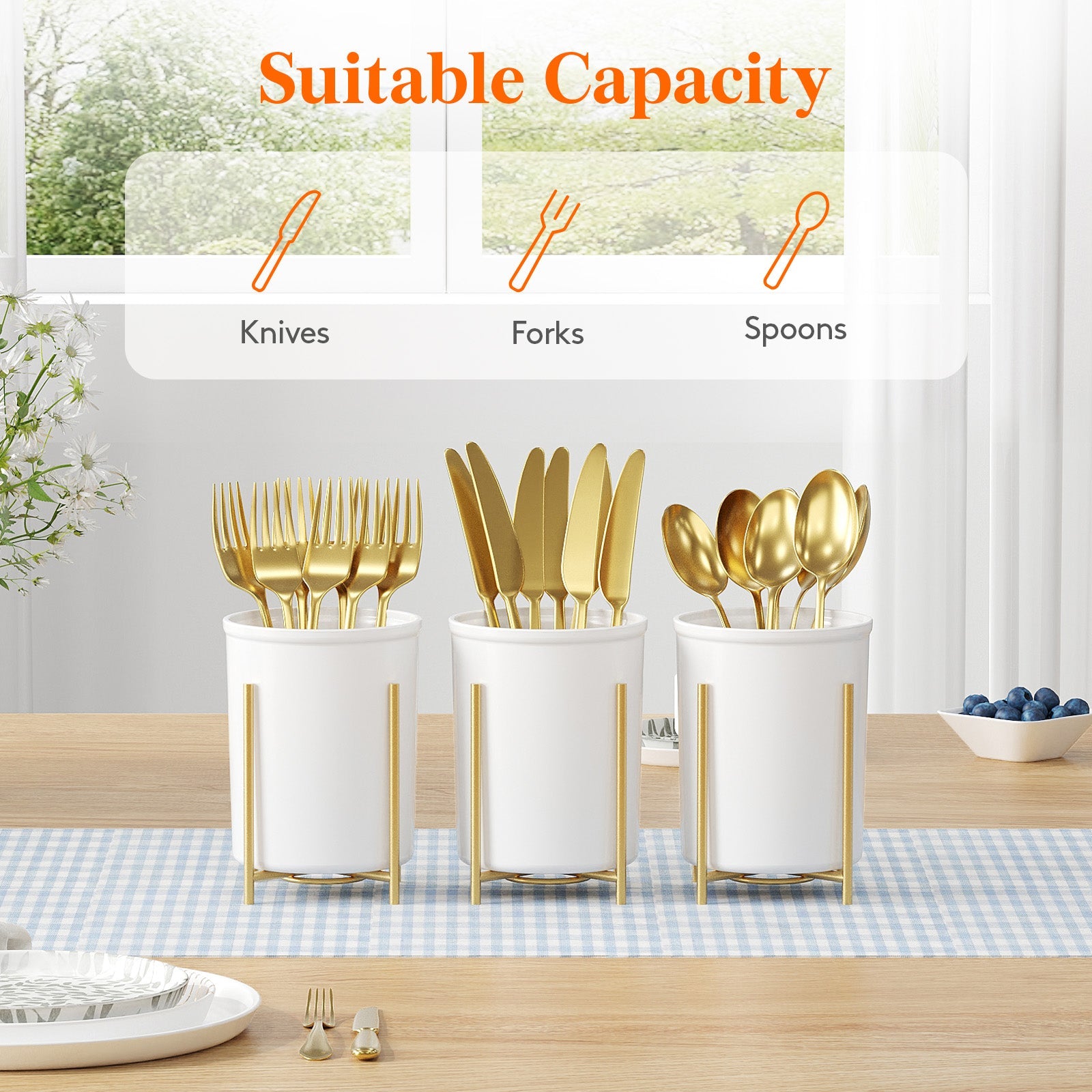 Lifewit 2-pack Plastic Silverware Holder for Kitchen Countertop, Cutlery Flatware Caddy with Metal Brackets, Utensil Spoon Fork knives Organizer for Party Picnic, Gold