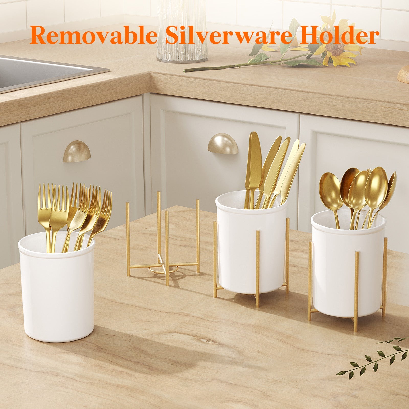 Lifewit 2-pack Plastic Silverware Holder for Kitchen Countertop, Cutlery Flatware Caddy with Metal Brackets, Utensil Spoon Fork knives Organizer for Party Picnic, Gold