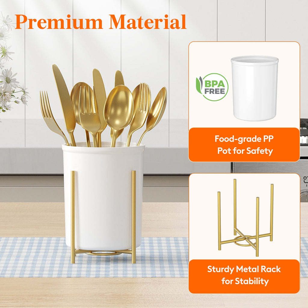 Lifewit 2-pack Plastic Silverware Holder for Kitchen Countertop, Cutlery Flatware Caddy with Metal Brackets, Utensil Spoon Fork knives Organizer for Party Picnic, Gold