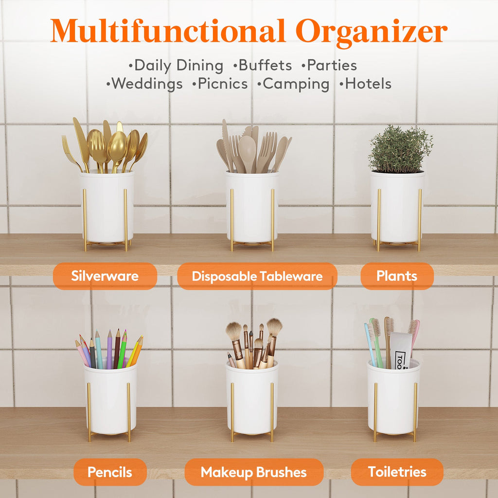 Lifewit 2-pack Plastic Silverware Holder for Kitchen Countertop, Cutlery Flatware Caddy with Metal Brackets, Utensil Spoon Fork knives Organizer for Party Picnic, Gold