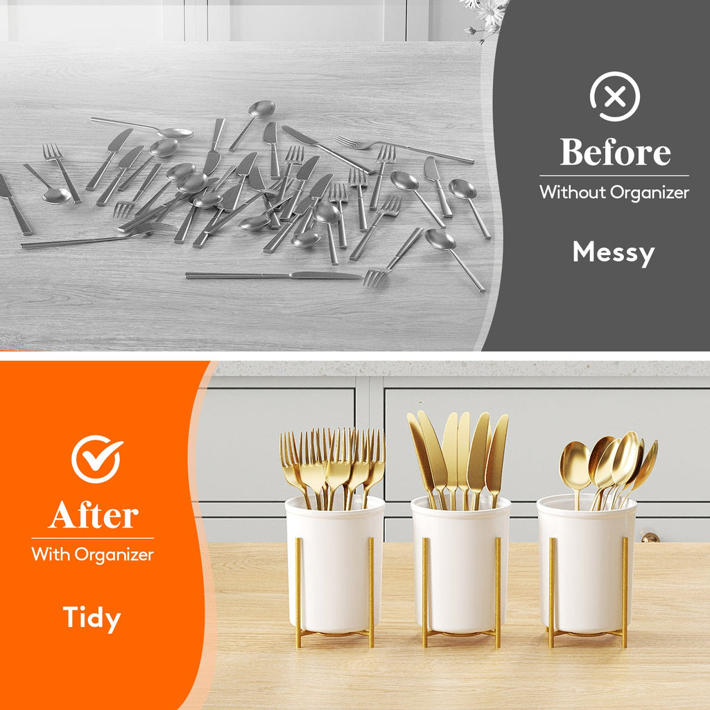 Lifewit 2-pack Plastic Silverware Holder for Kitchen Countertop, Cutlery Flatware Caddy with Metal Brackets, Utensil Spoon Fork knives Organizer for Party Picnic, Gold