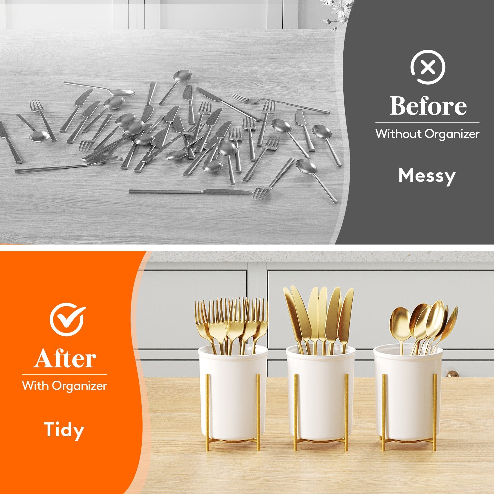 Lifewit 2-pack Plastic Silverware Holder for Kitchen Countertop, Cutlery Flatware Caddy with Metal Brackets, Utensil Spoon Fork knives Organizer for Party Picnic, Gold