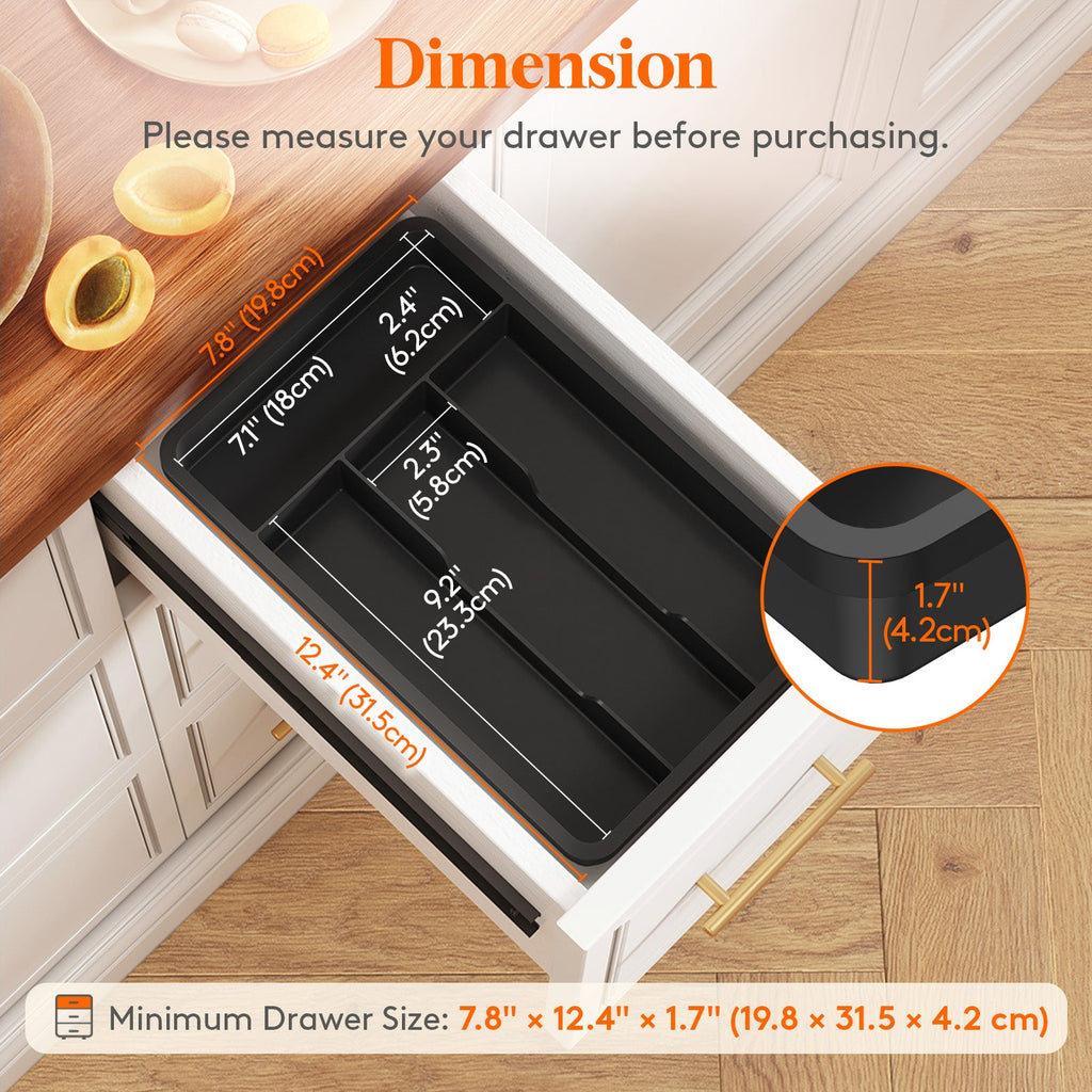 Lifewit Silverware Tray, Cutlery Drawer Organizer Storage for Kitchen, Plastic Flatware Utensil Holder Divider for Spoons Forks Knives Tableware, 4 Compartment, Black