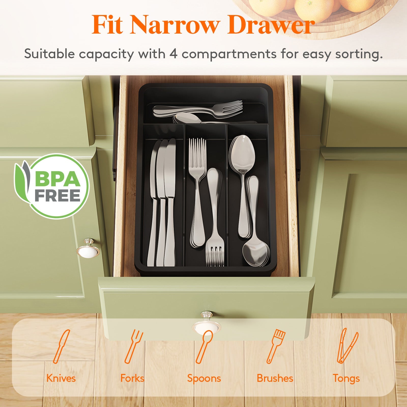 Lifewit Silverware Tray, Cutlery Drawer Organizer Storage for Kitchen, Plastic Flatware Utensil Holder Divider for Spoons Forks Knives Tableware, 4 Compartment, Black