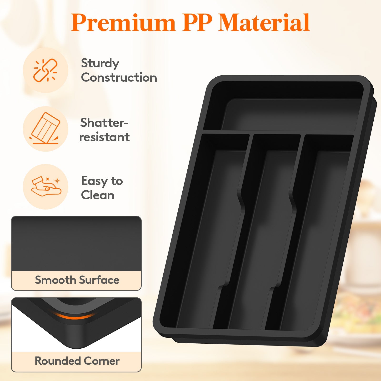 Lifewit Silverware Tray, Cutlery Drawer Organizer Storage for Kitchen, Plastic Flatware Utensil Holder Divider for Spoons Forks Knives Tableware, 4 Compartment, Black