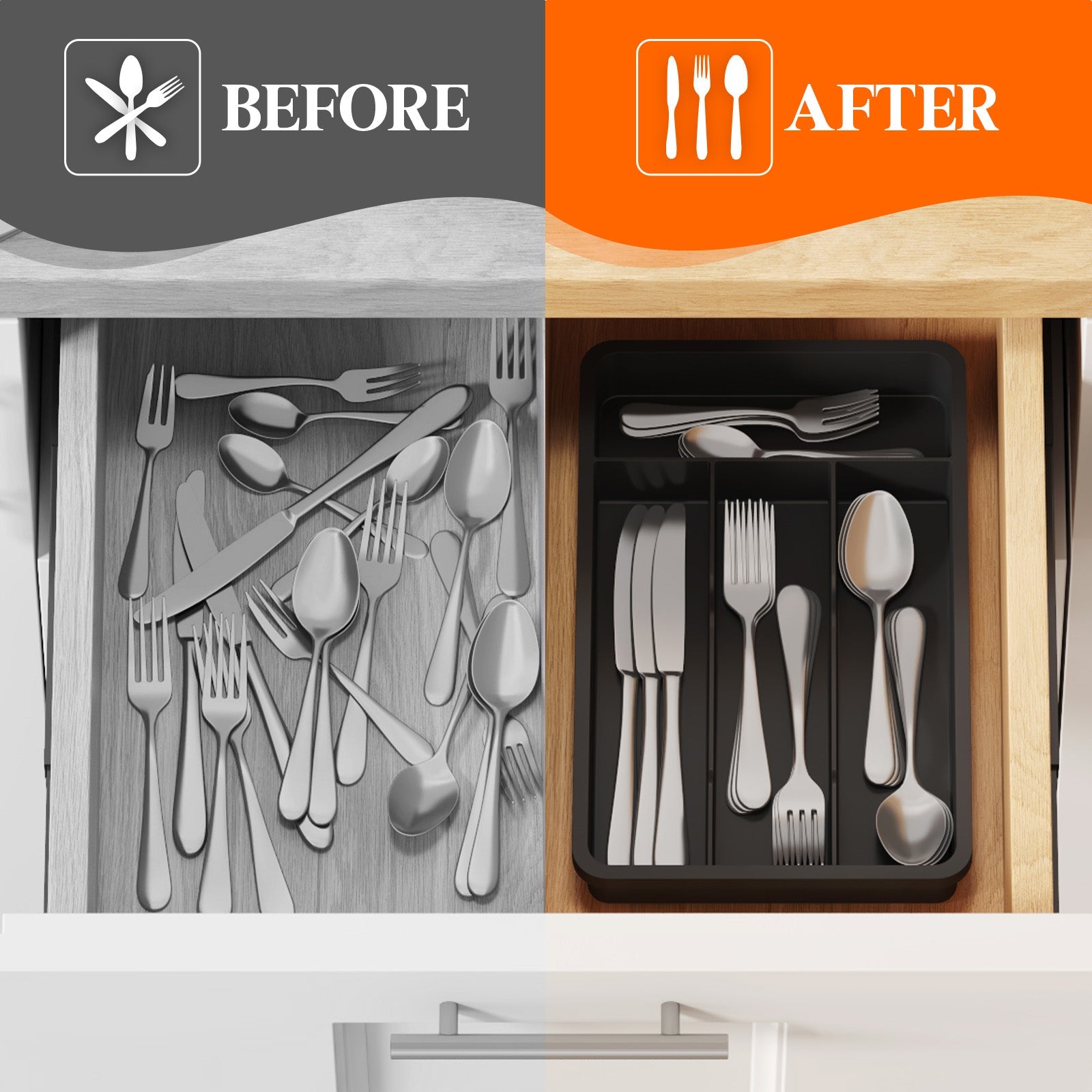 Lifewit Silverware Tray, Cutlery Drawer Organizer Storage for Kitchen, Plastic Flatware Utensil Holder Divider for Spoons Forks Knives Tableware, 4 Compartment, Black