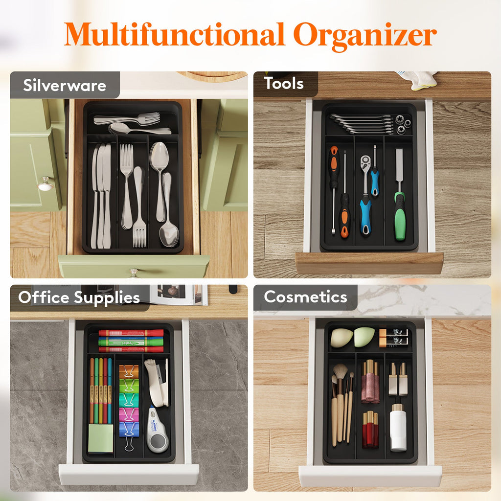 Lifewit Silverware Tray, Cutlery Drawer Organizer Storage for Kitchen, Plastic Flatware Utensil Holder Divider for Spoons Forks Knives Tableware, 4 Compartment, Black