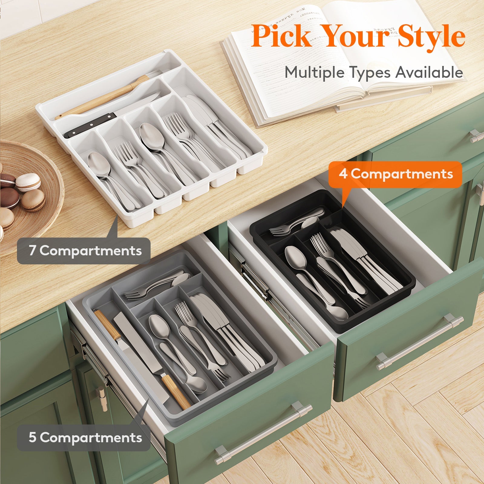 Lifewit Silverware Tray, Cutlery Drawer Organizer Storage for Kitchen, Plastic Flatware Utensil Holder Divider for Spoons Forks Knives Tableware, 4 Compartment, Black