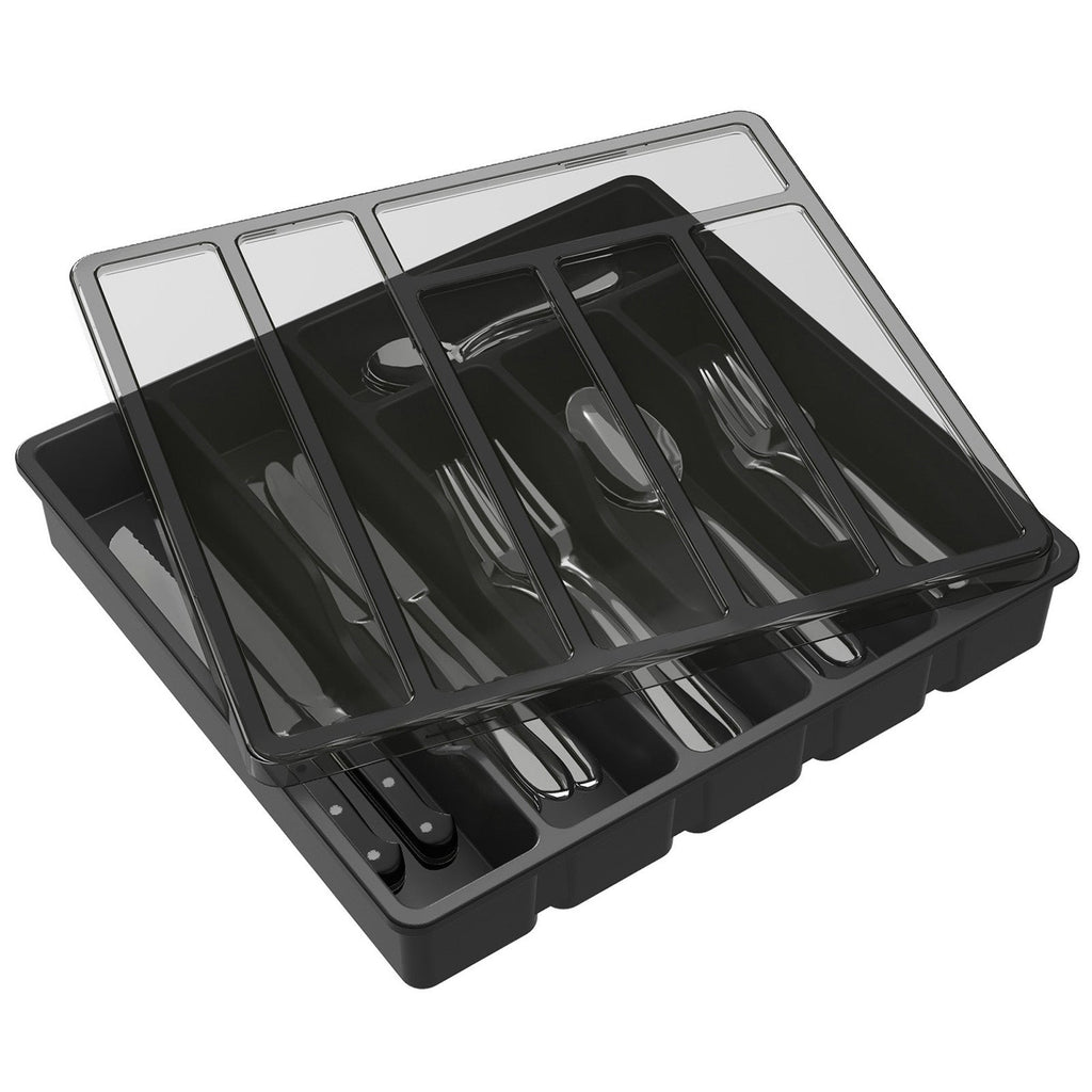 Lifewit Silverware Organizer with Lid for Kitchen Drawer Cutlery Tray, 6 Compartments, Black