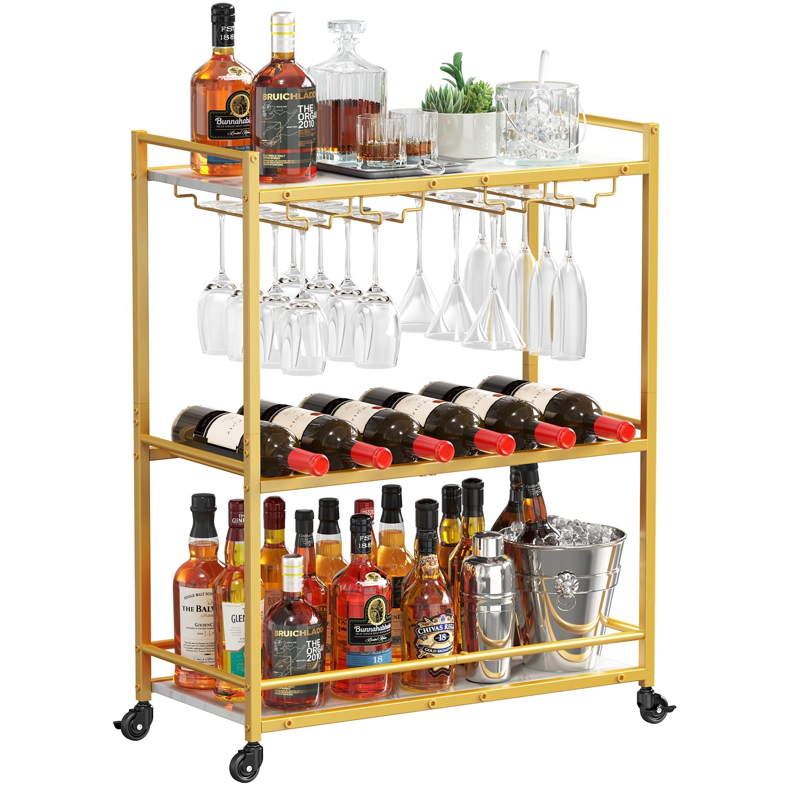 Lifewit 3 Tier Serving Home Bar with Lockable Wheels, Best Rustic Brown Wine Cart