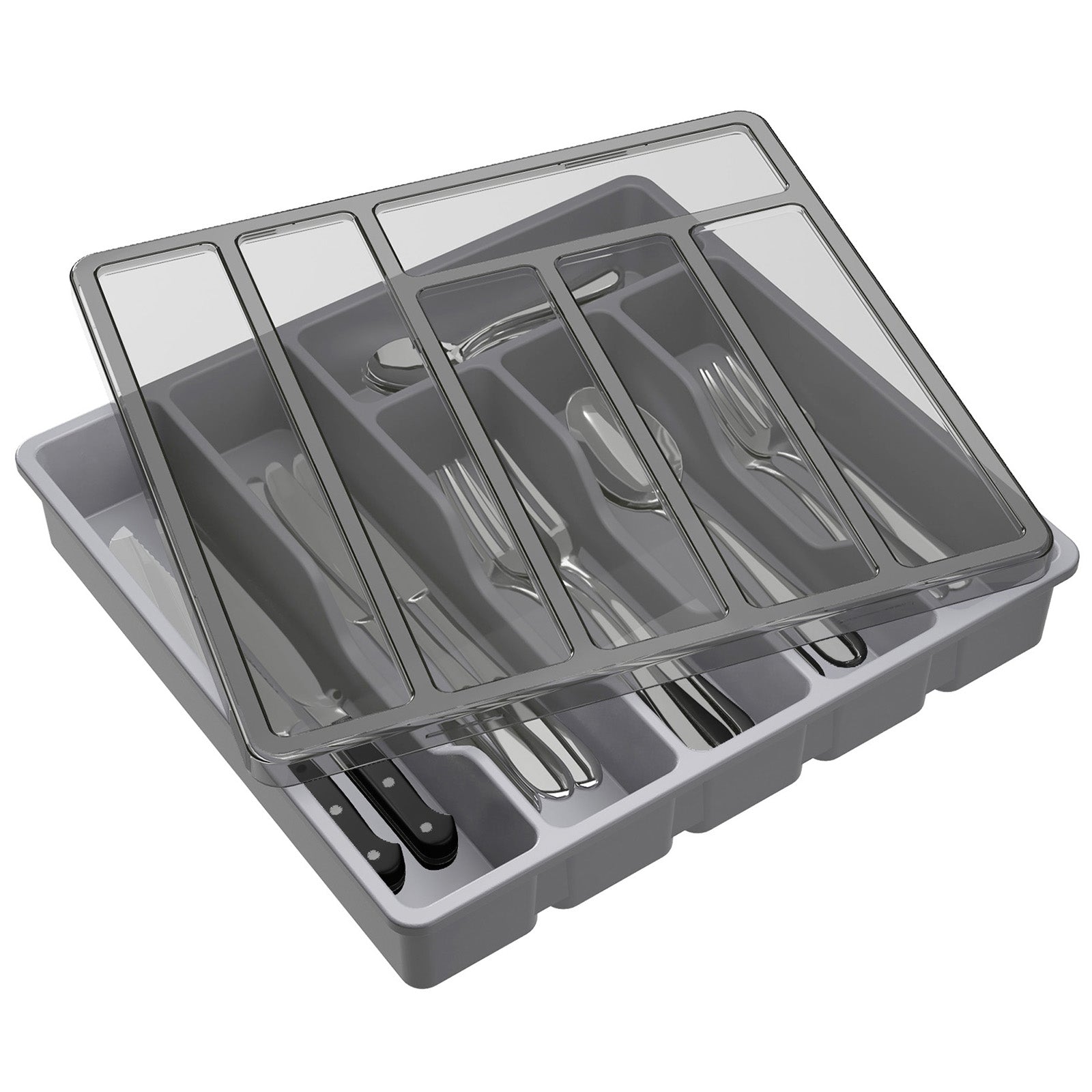 Lifewit Silverware Organizer with Lid for Kitchen Drawer Cutlery Tray, 6 Compartments, Black