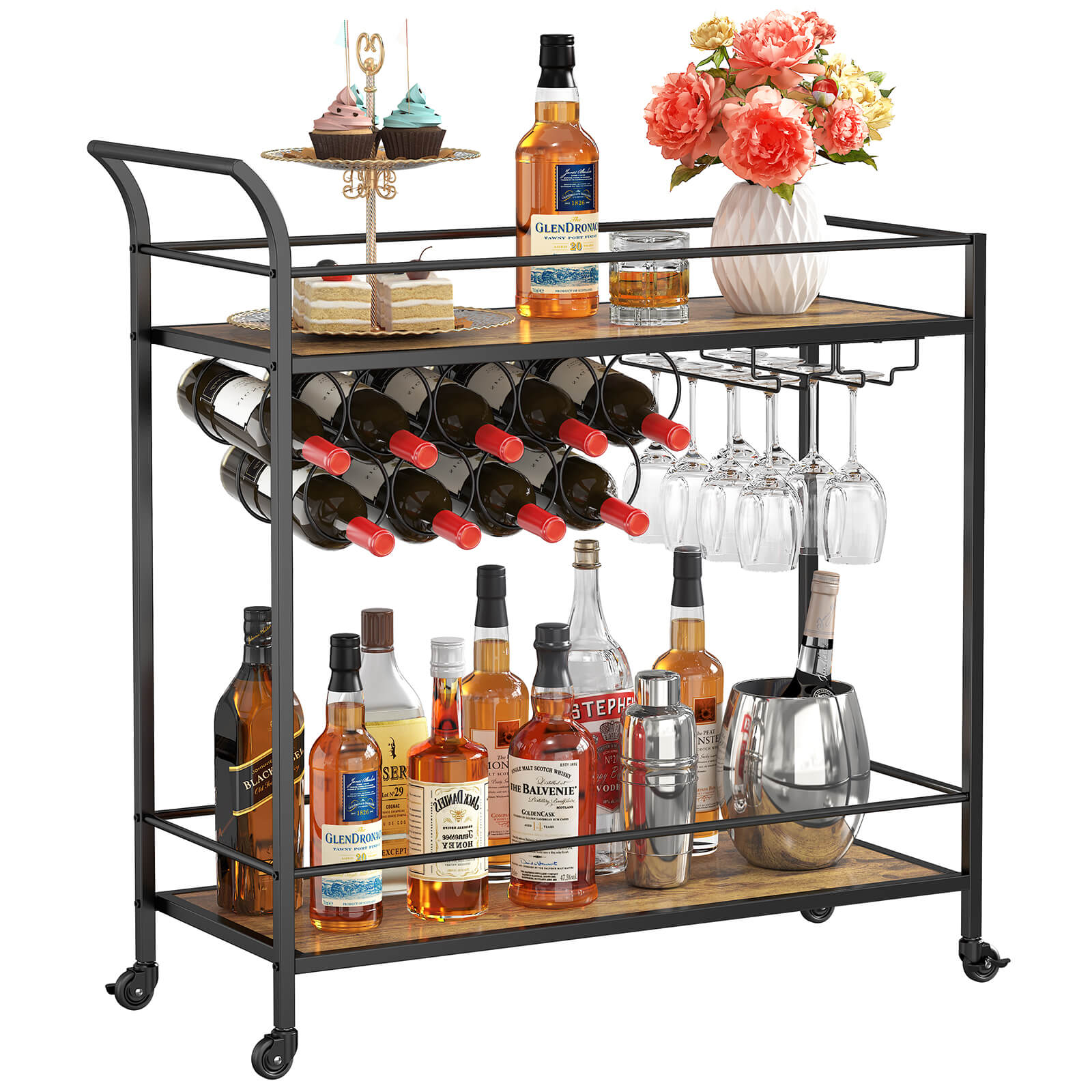 Lifewit Bar Cart with Wine Rack, Mini Bar Wine Beverage Serving Cart, Rolling Liquor Drink Cart, 2 Tier