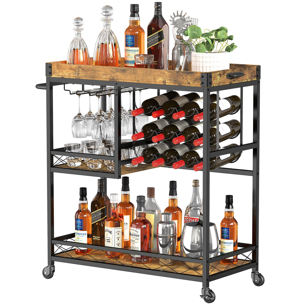 Lifewit 3 Tier Bar Cart with Wine Rack, Mini Bar Wine Beverage Serving Cart, Rolling Liquor Drink Cart