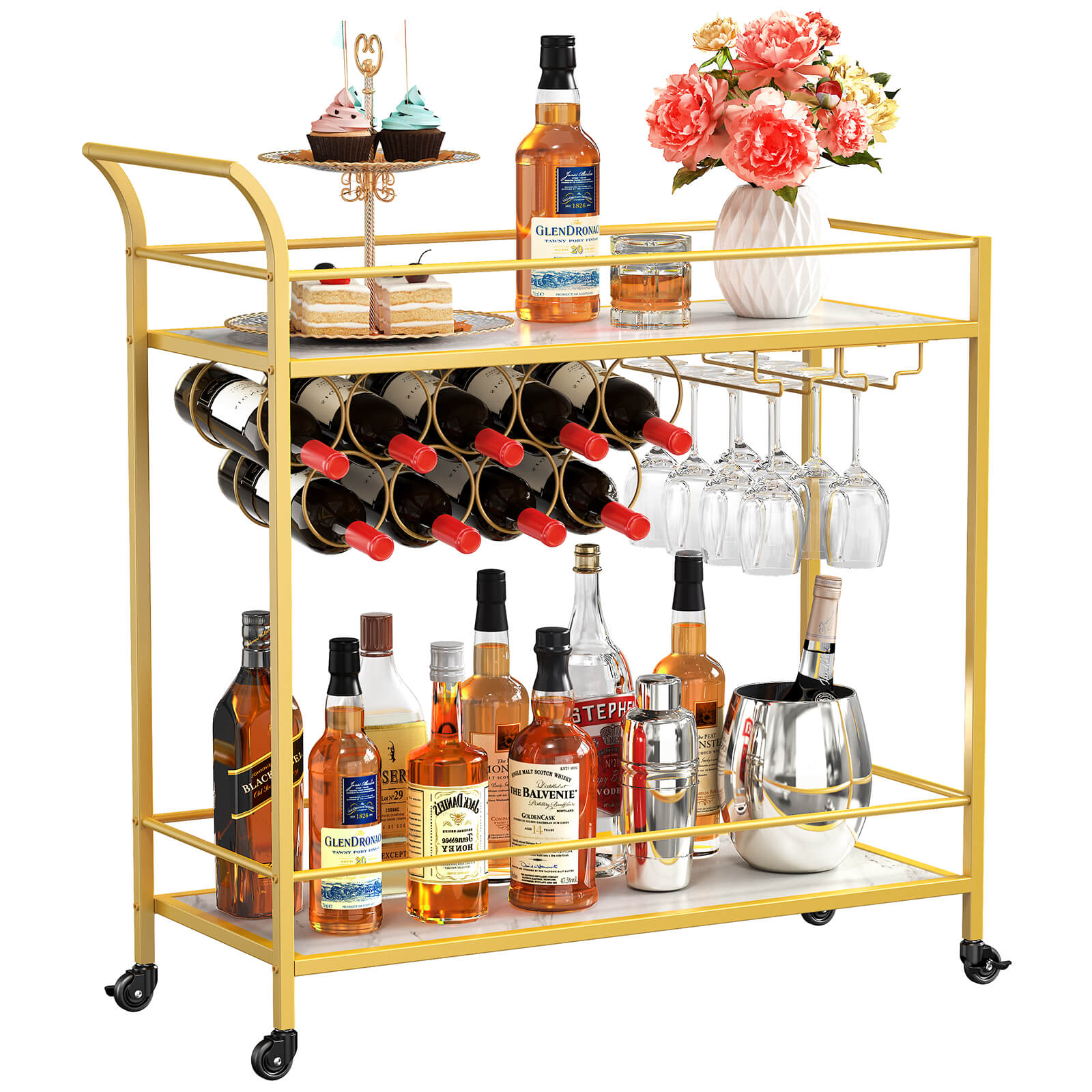 Lifewit Bar Cart with Wine Rack, Mini Bar Wine Beverage Serving Cart, Rolling Liquor Drink Cart, 2 Tier