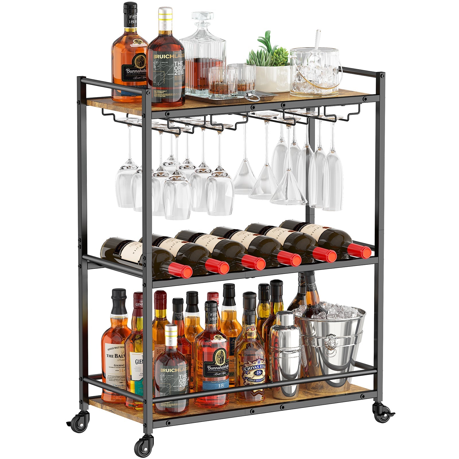 Lifewit 3 Tier Serving Home Bar with Lockable Wheels, Best Rustic Brown Wine Cart