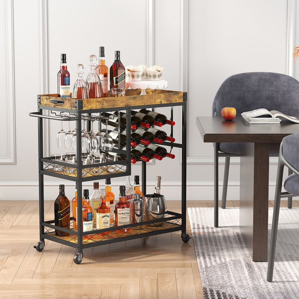 Lifewit 3 Tier Bar Cart with Wine Rack, Mini Bar Wine Beverage Serving Cart, Rolling Liquor Drink Cart