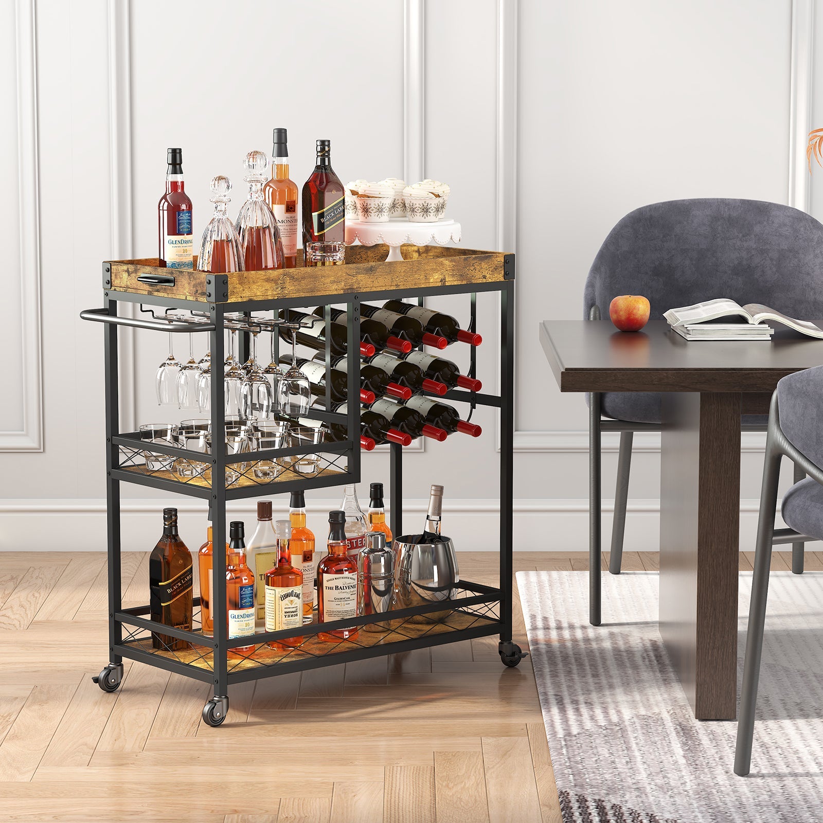 Lifewit 3 Tier Bar Cart with Wine Rack, Mini Bar Wine Beverage Serving Cart, Rolling Liquor Drink Cart
