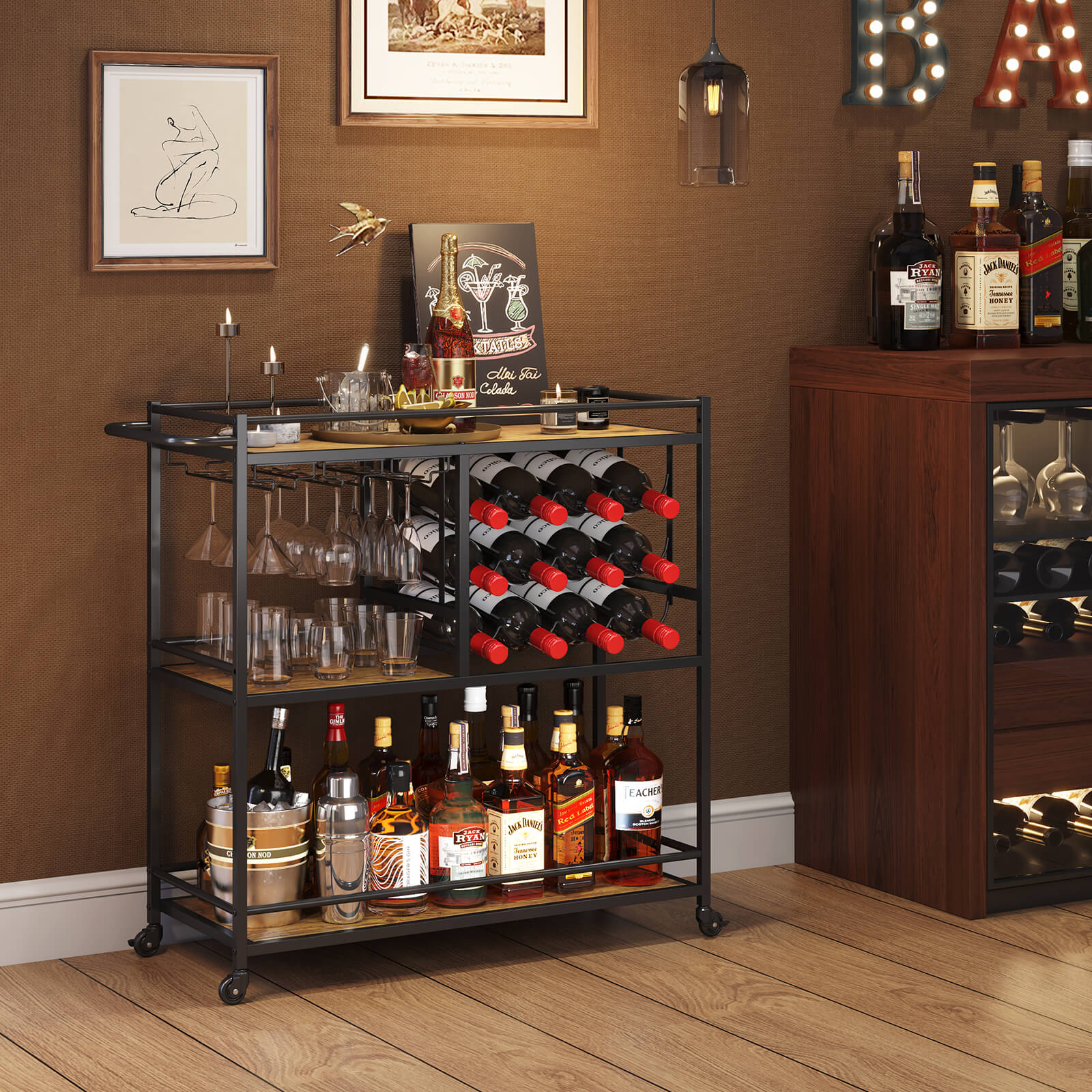 Lifewit 3 Tier Bar Cart with Wine Rack, Mini Bar Wine Beverage Serving Cart