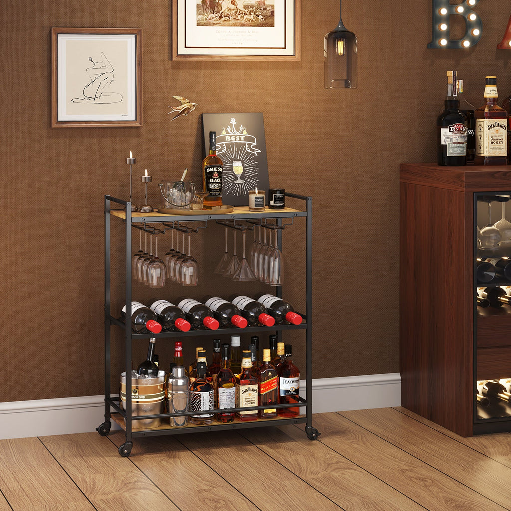 Lifewit 3 Tier Serving Home Bar with Lockable Wheels, Best Rustic Brown Wine Cart