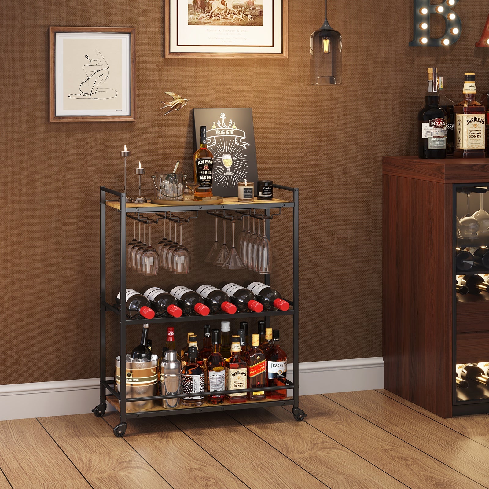 Lifewit 3 Tier Serving Home Bar with Lockable Wheels, Best Rustic Brown Wine Cart
