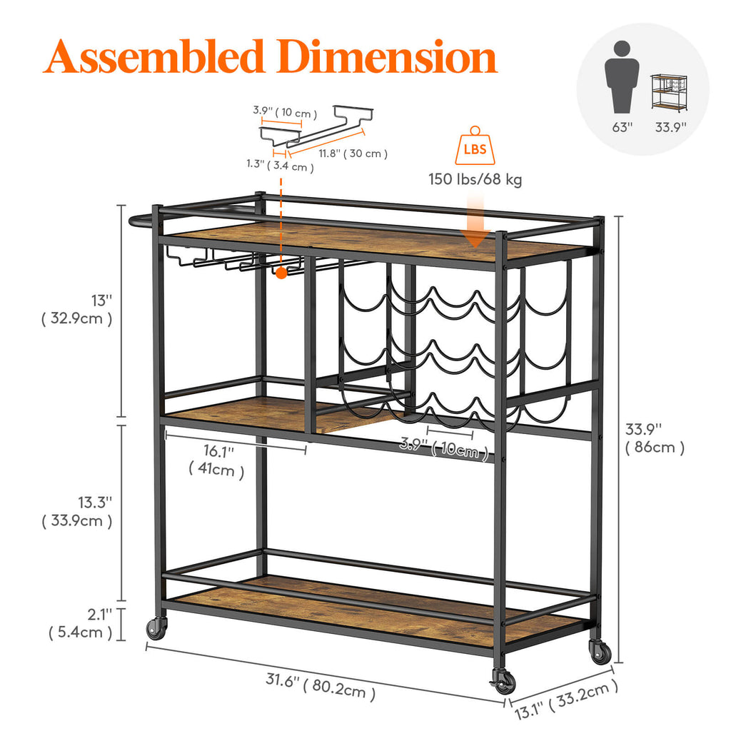 Lifewit 3 Tier Bar Cart with Wine Rack, Mini Bar Wine Beverage Serving Cart