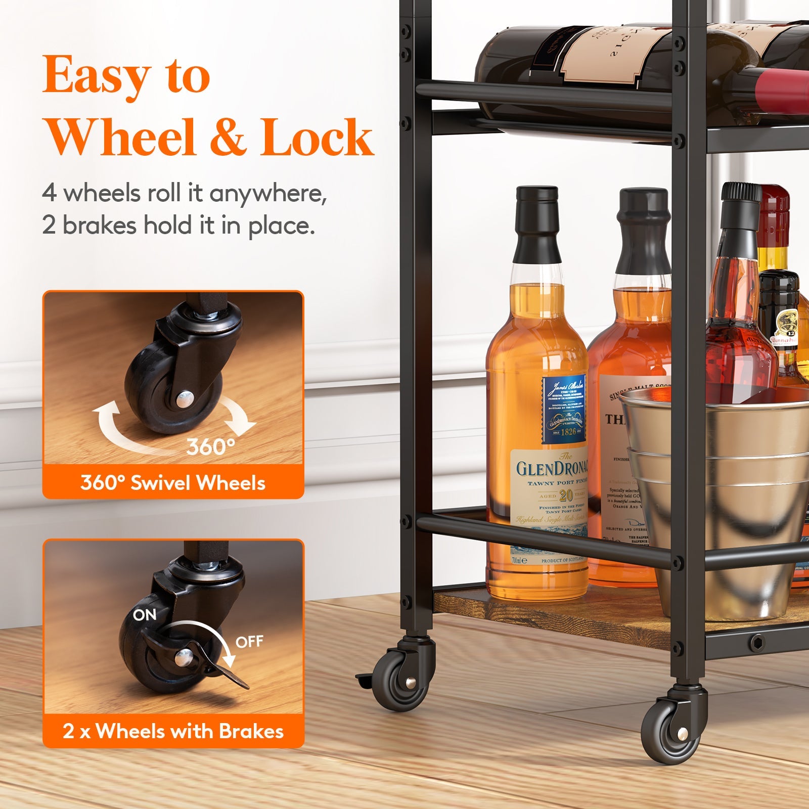 Lifewit 3 Tier Serving Home Bar with Lockable Wheels, Best Rustic Brown Wine Cart