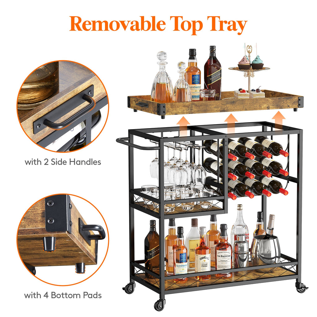 Lifewit 3 Tier Bar Cart with Wine Rack, Mini Bar Wine Beverage Serving Cart, Rolling Liquor Drink Cart