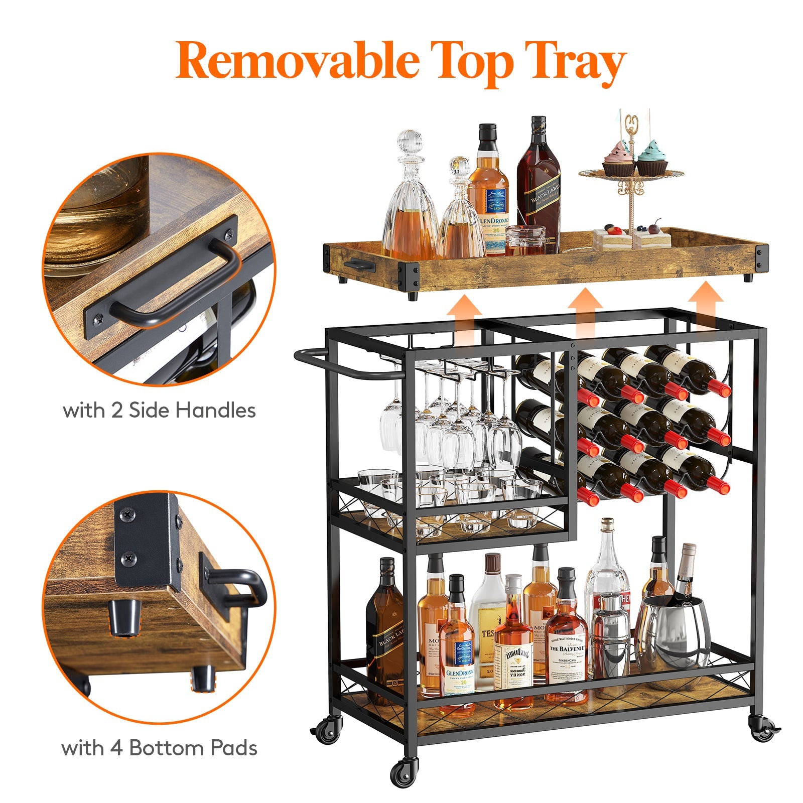 Lifewit 3 Tier Bar Cart with Wine Rack, Mini Bar Wine Beverage Serving Cart, Rolling Liquor Drink Cart