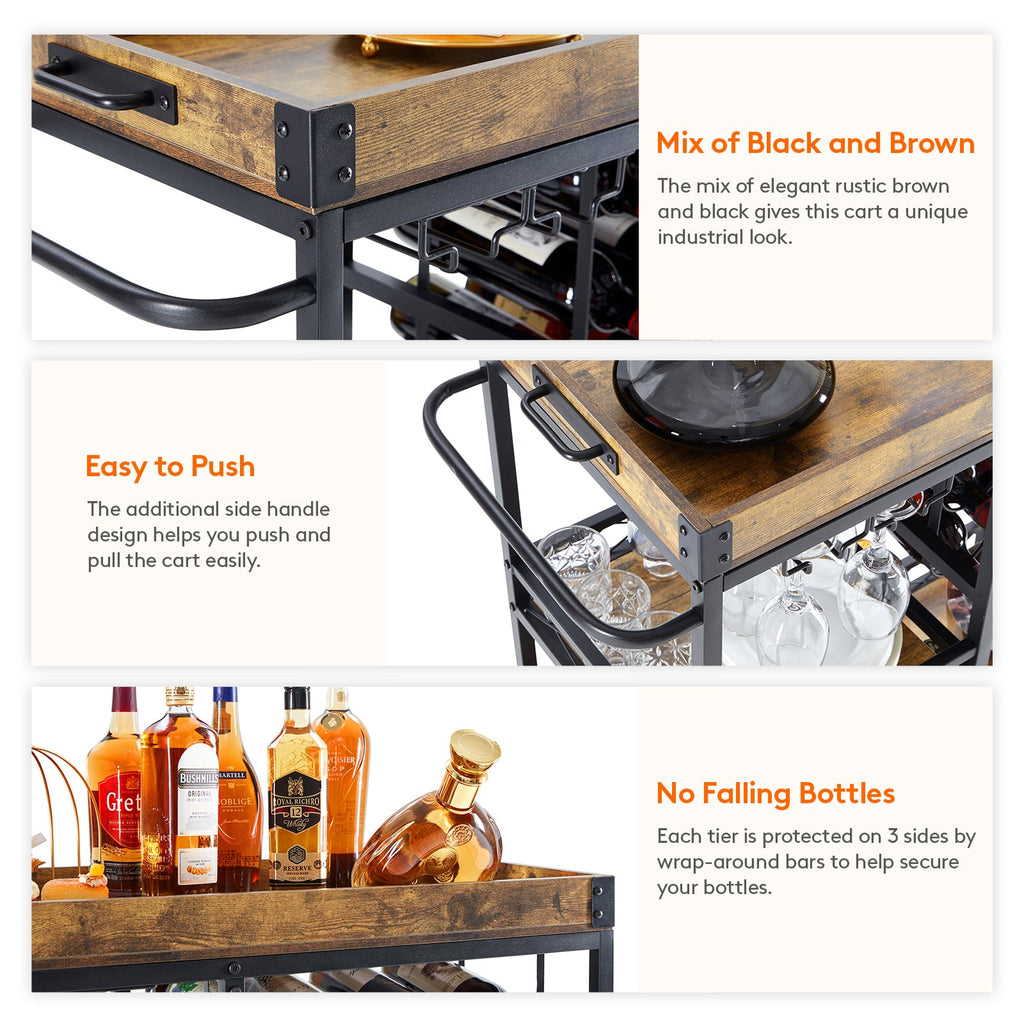 Lifewit 3 Tier Bar Cart with Wine Rack, Mini Bar Wine Beverage Serving Cart, Rolling Liquor Drink Cart