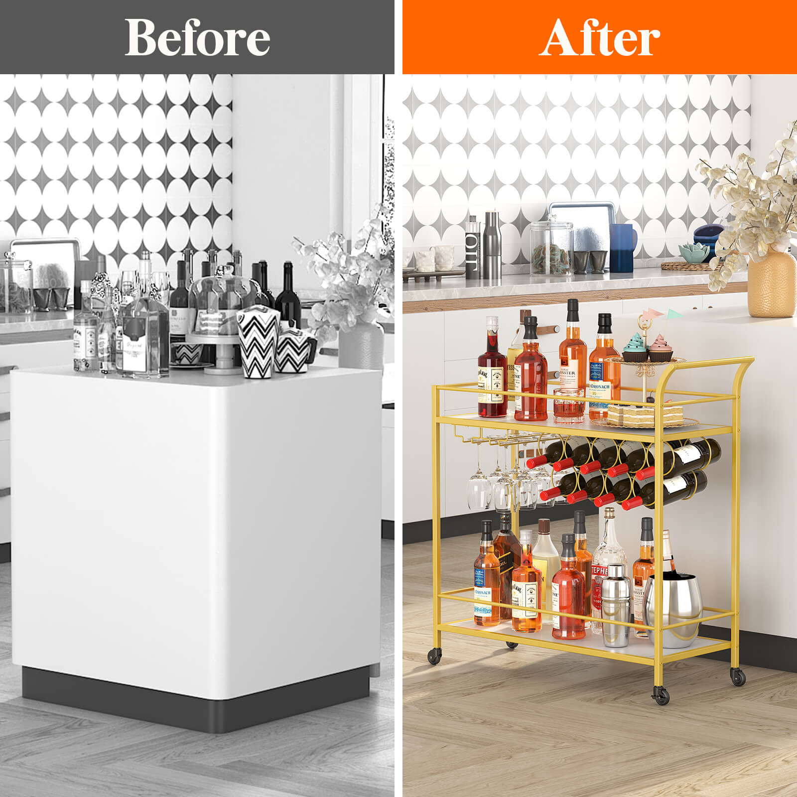 Lifewit Bar Cart with Wine Rack, Mini Bar Wine Beverage Serving Cart, Rolling Liquor Drink Cart, 2 Tier