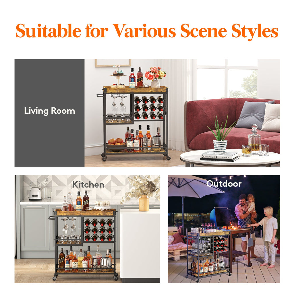 Lifewit 3 Tier Bar Cart with Wine Rack, Mini Bar Wine Beverage Serving Cart, Rolling Liquor Drink Cart