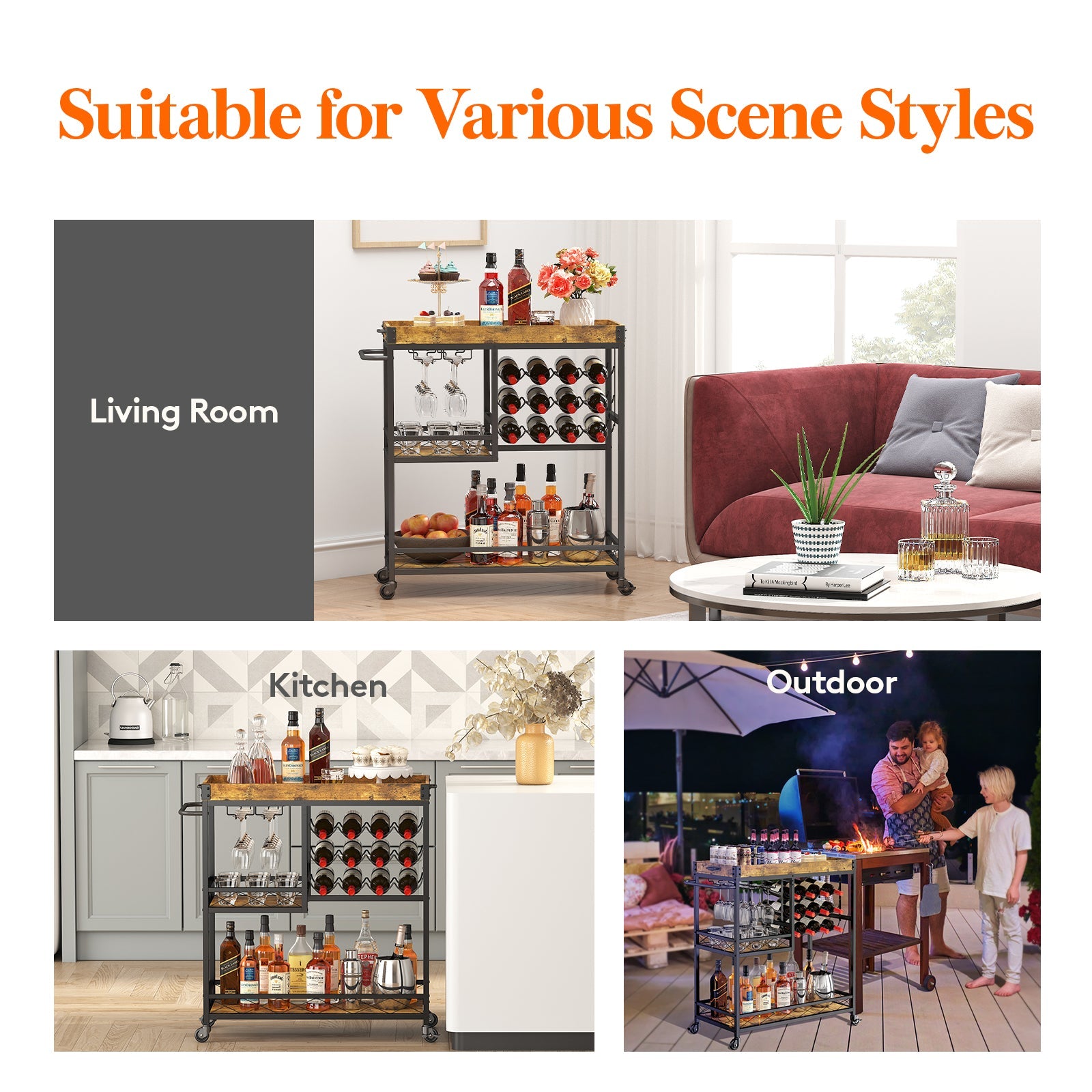 Lifewit 3 Tier Bar Cart with Wine Rack, Mini Bar Wine Beverage Serving Cart, Rolling Liquor Drink Cart