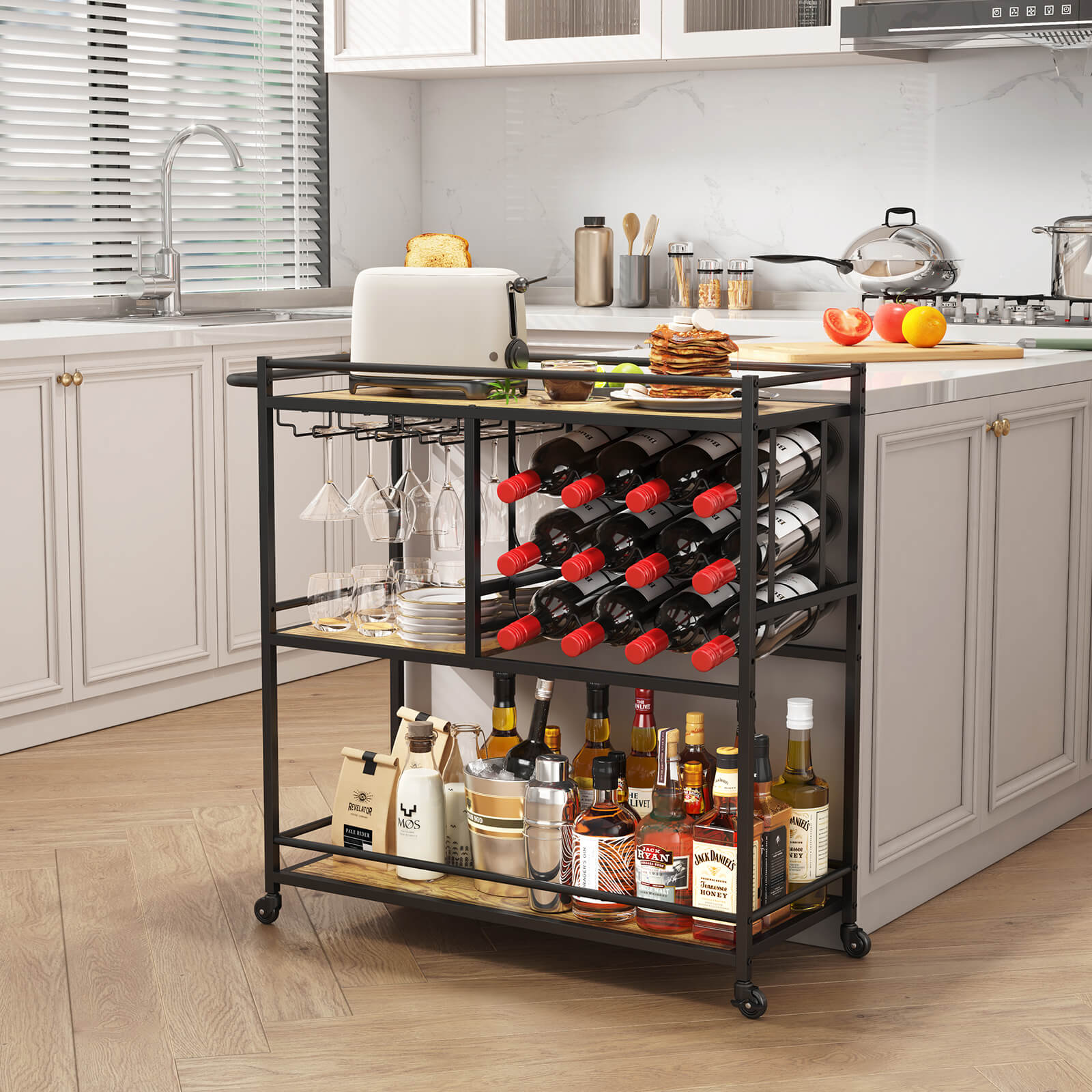 Lifewit 3 Tier Bar Cart with Wine Rack, Mini Bar Wine Beverage Serving Cart
