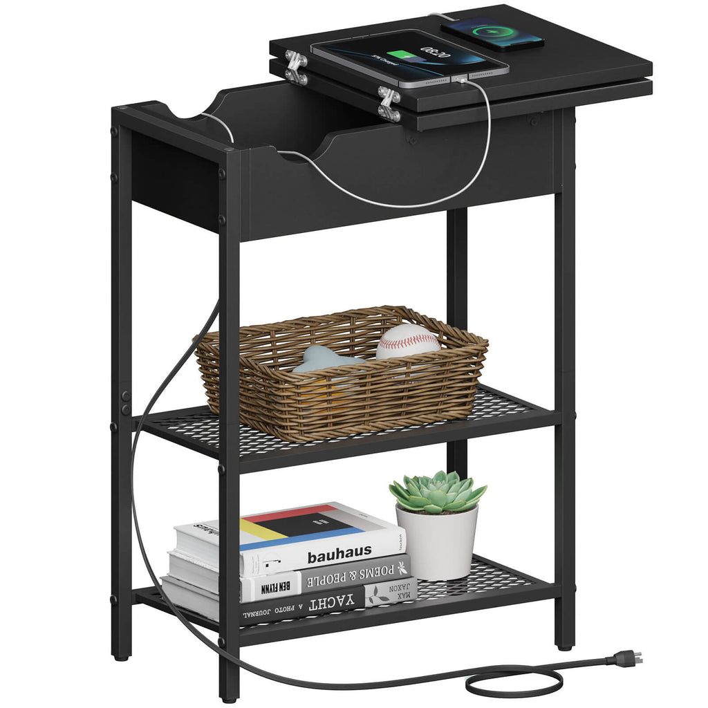 Lifewit Side End Table with Storage and Charging Station, Charging Nightstand, Black/Brown