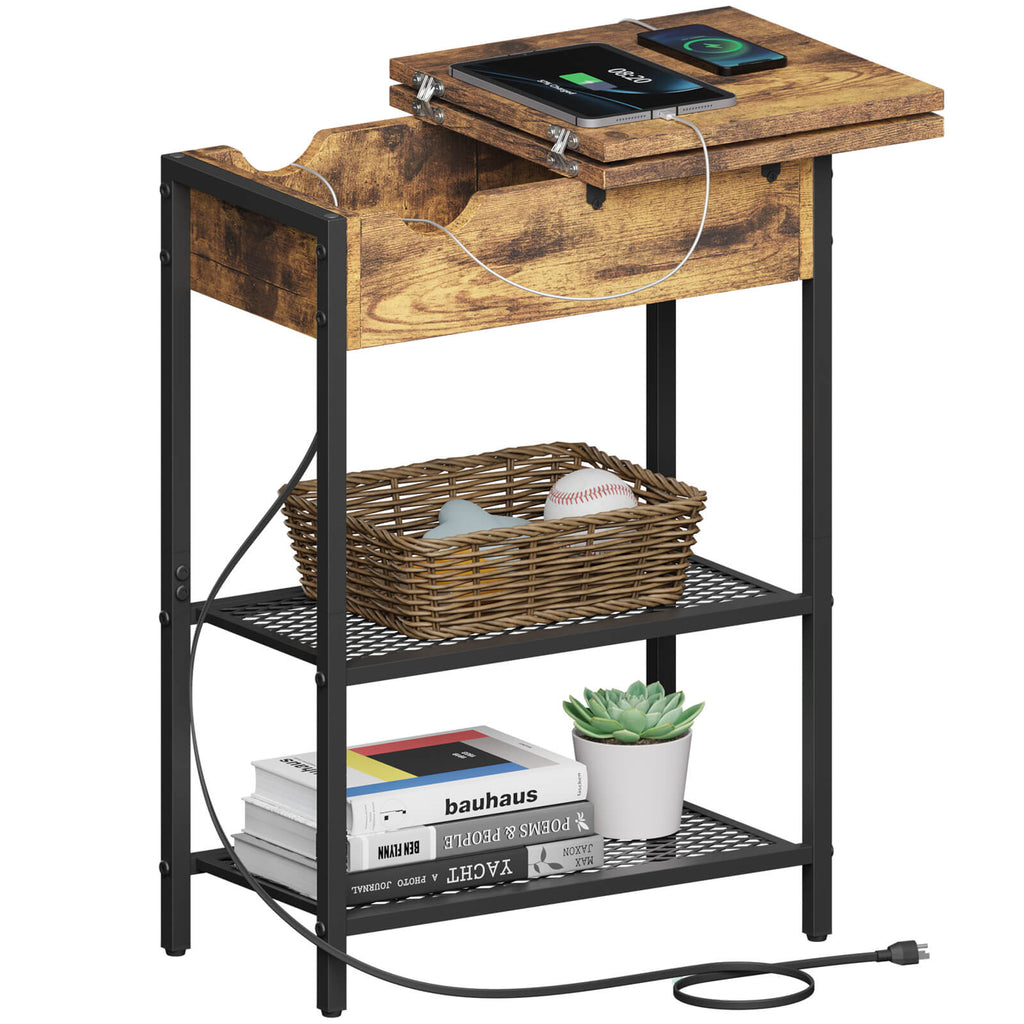 Lifewit Side End Table with Storage and Charging Station, Charging Nightstand, Black/Brown