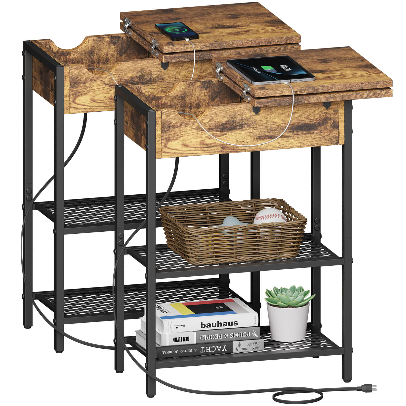 Lifewit Side End Table with Storage and Charging Station, Charging Nightstand, Black/Brown