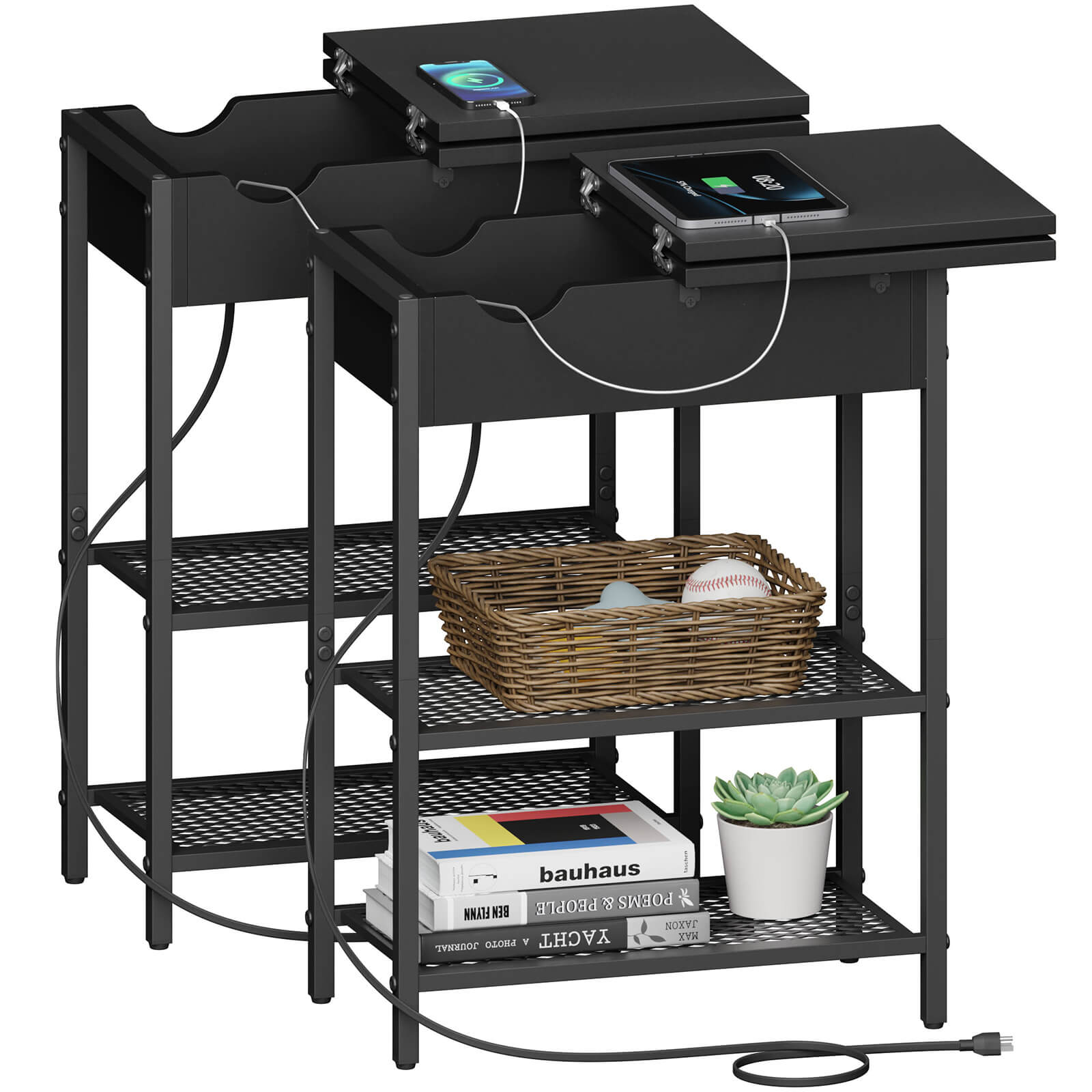 Lifewit Side End Table with Storage and Charging Station, Charging Nightstand, Black/Brown