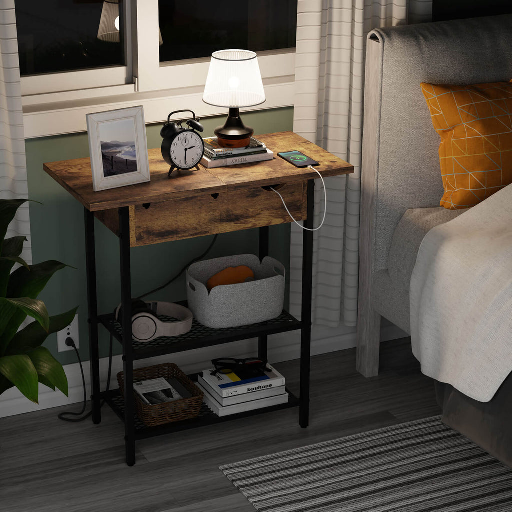Lifewit Side End Table with Storage and Charging Station, Charging Nightstand, Black/Brown