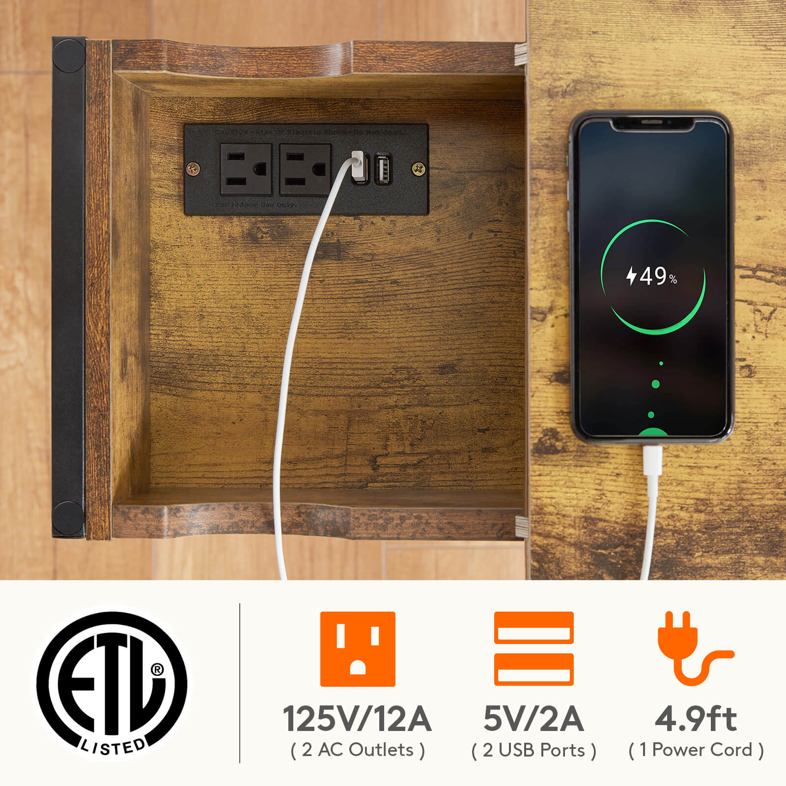 Lifewit Side End Table with Storage and Charging Station, Charging Nightstand, Black/Brown