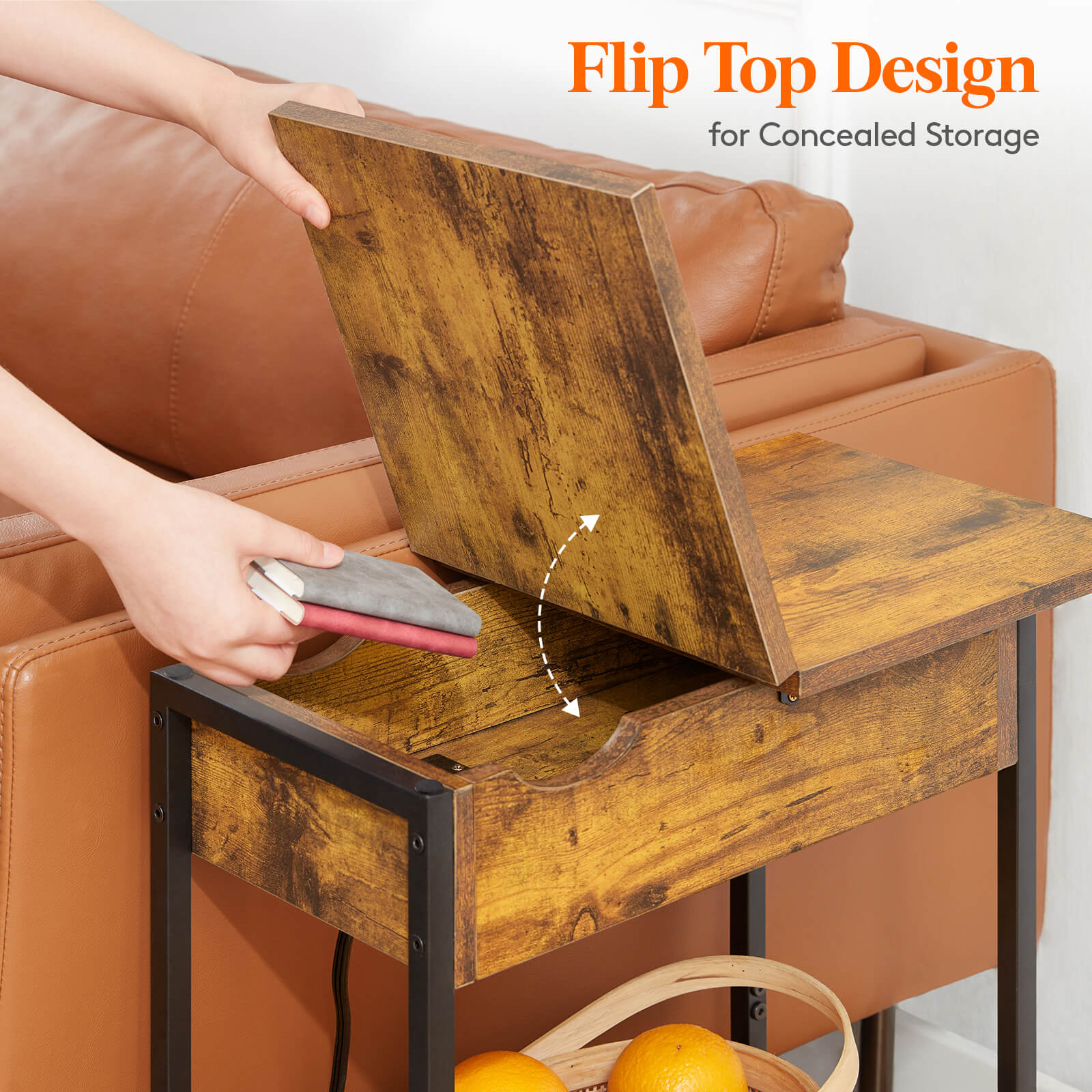 Lifewit Side End Table with Storage and Charging Station, Charging Nightstand, Black/Brown