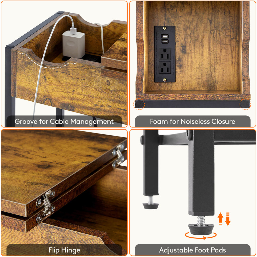 Lifewit Side End Table with Storage and Charging Station, Charging Nightstand, Black/Brown